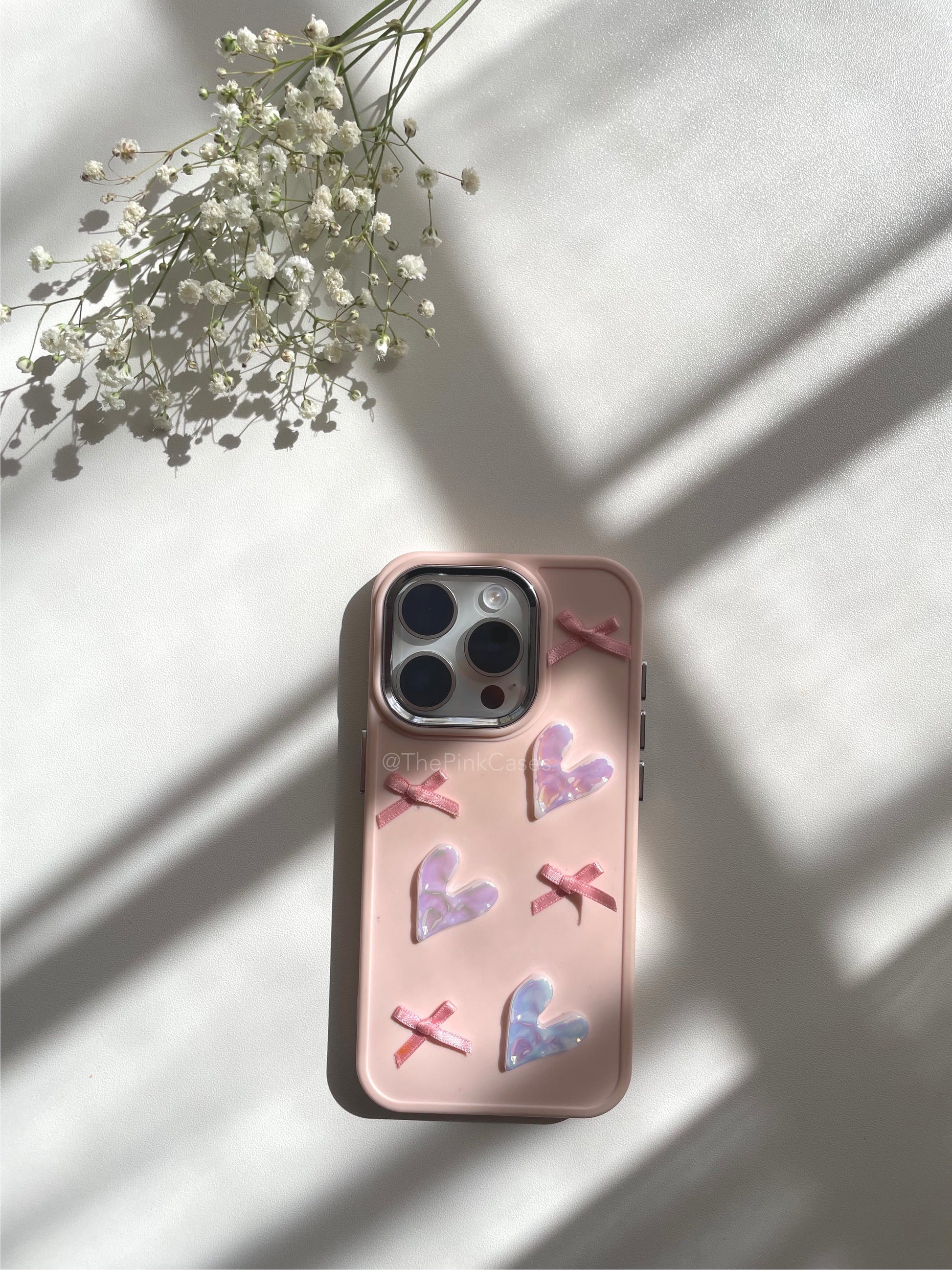 3D Pearl Ribbon Heart Case Balletcore Style - ThePinkCases