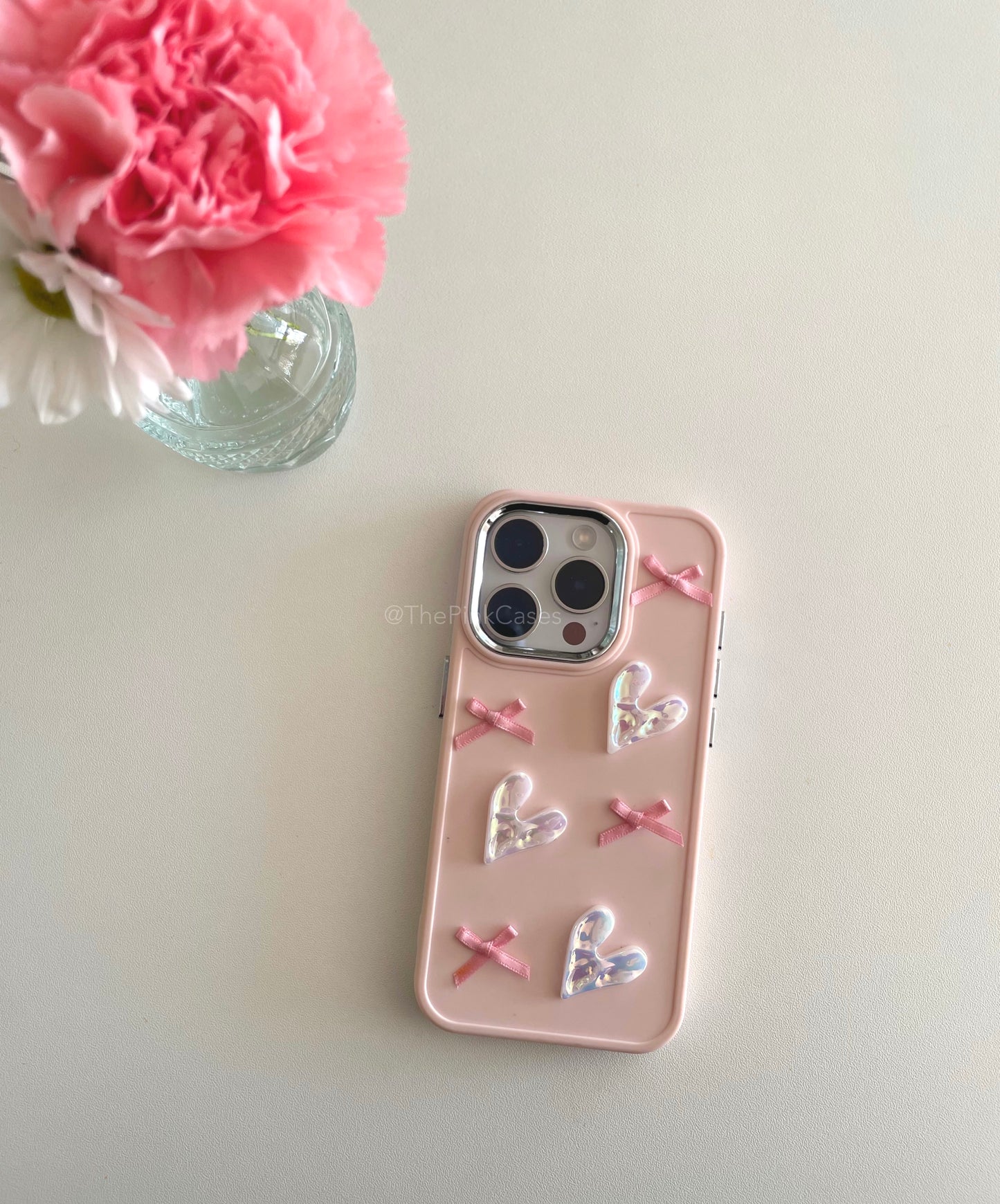 3D Pearl Ribbon Heart Case Balletcore Style - ThePinkCases